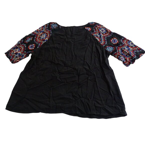 Emery Rose Black Tunic Top Women Size XL Colorful Printed Short Sleeves Boho - Picture 3 of 8